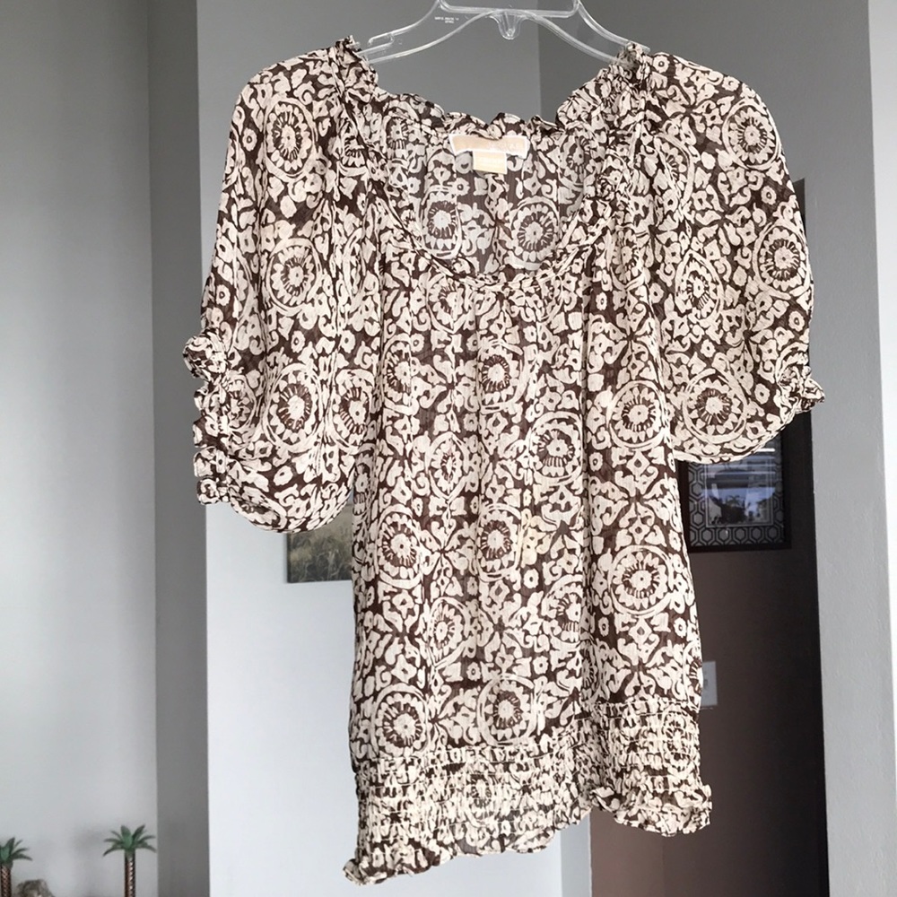 🌸☀️MICHAEL KORS BLOUSE SZ XS PETITE BROWN & TAN LIGHT & FLOWY GREAT CONDITION!